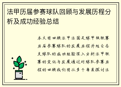 法甲历届参赛球队回顾与发展历程分析及成功经验总结