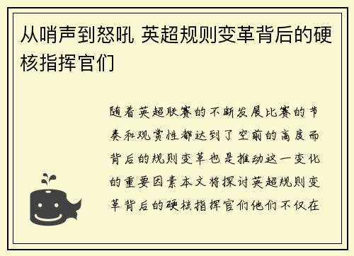 从哨声到怒吼 英超规则变革背后的硬核指挥官们