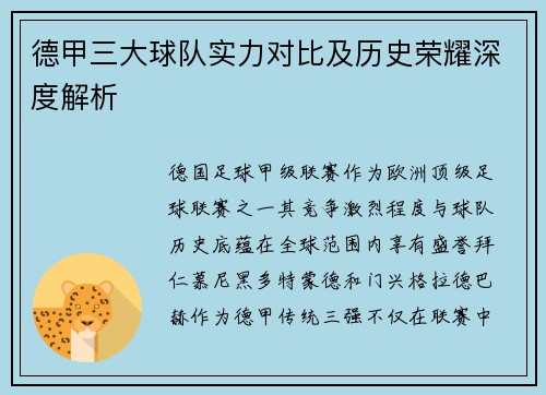 德甲三大球队实力对比及历史荣耀深度解析