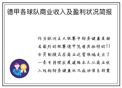 德甲各球队商业收入及盈利状况简报